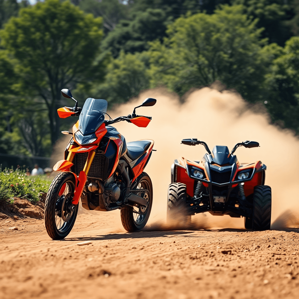 A dynamic shot of a bright orange sports motorbike and a rugged all-terrain vehicle (ATV) on a dirt track, kicking up dust, action shot, vibrant colors, motion blur