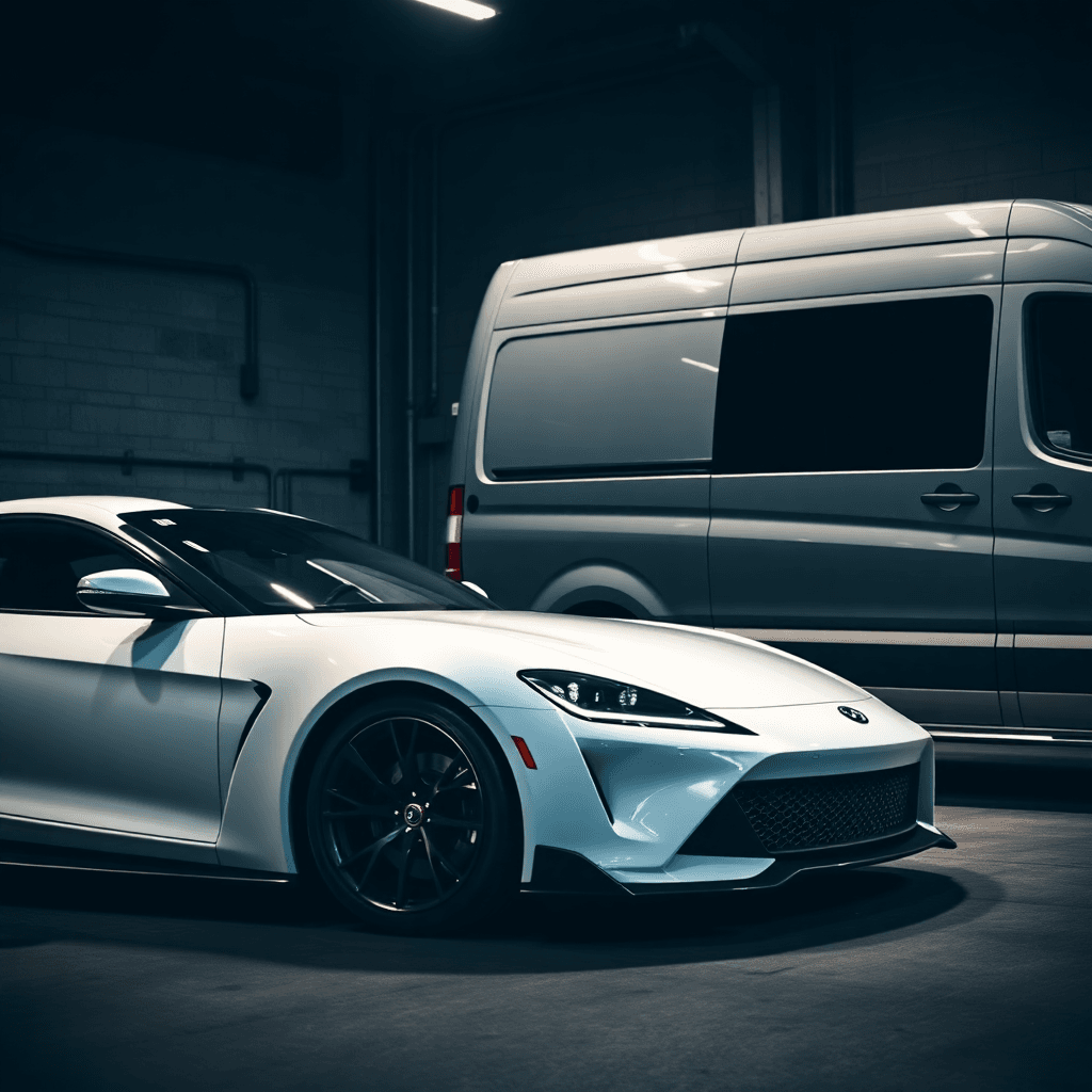 A stunning white modern performance car and a sleek grey commercial van parked side-by-side in a moody, industrial garage setting, dramatic lighting, automotive photography style